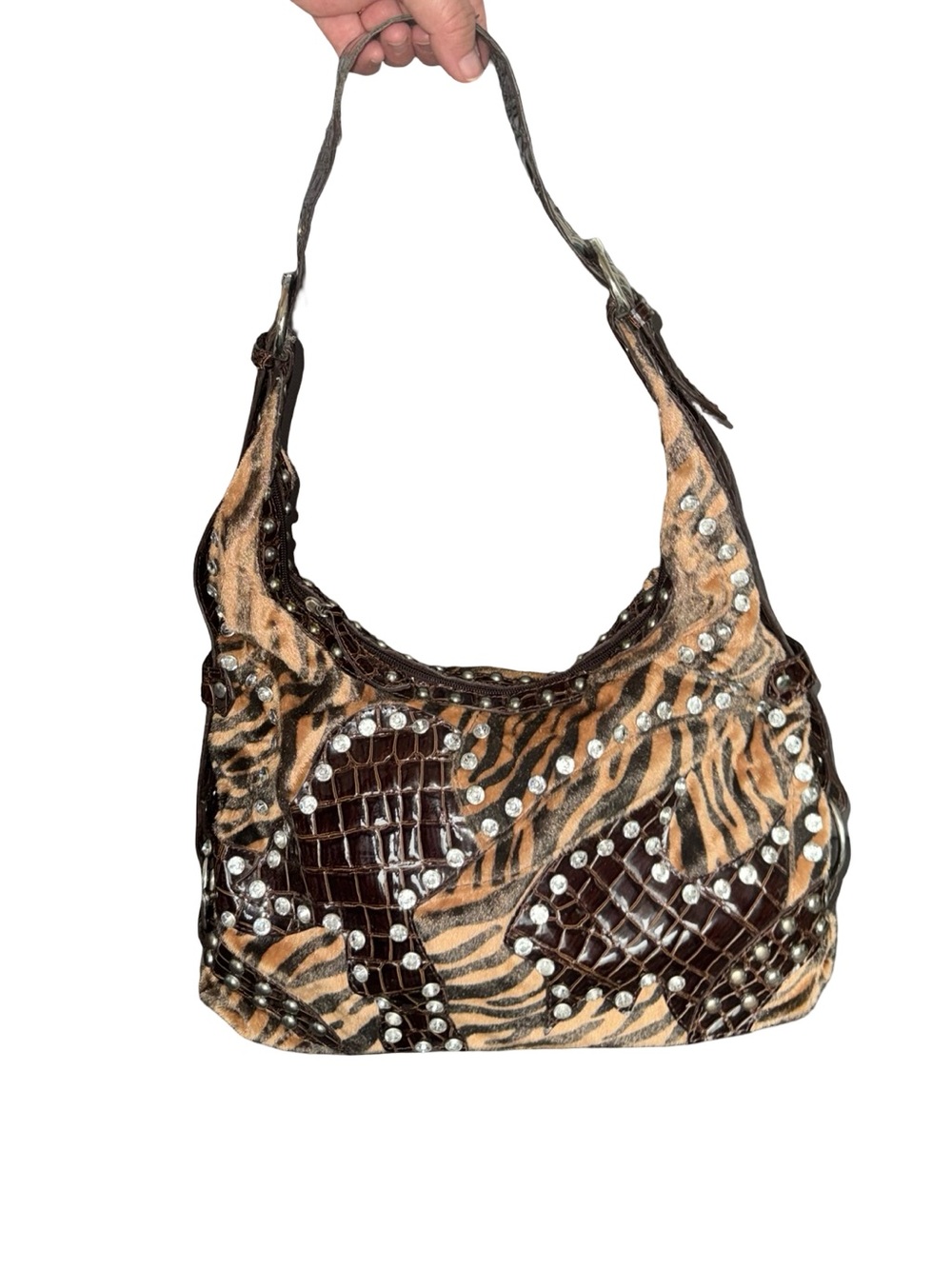 Y2K Tiger Print Rhinestone Studded Hobo Shoulder Bag Brown